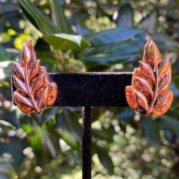 VTG MATISSE RENOIR Copper “Laurel” Leaf Enamel EARRING - Picture 3 of 6